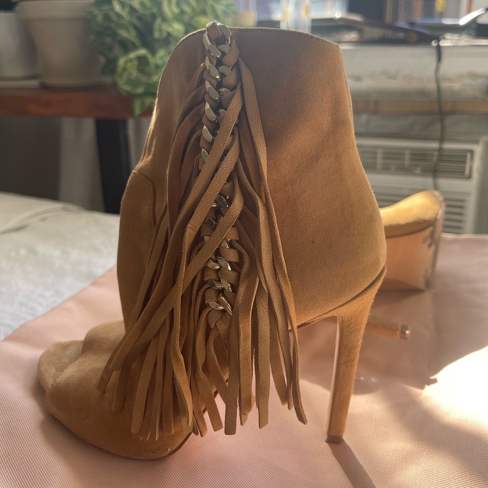 Marciano Sued Tan fringe Peep toe ankle bootie.